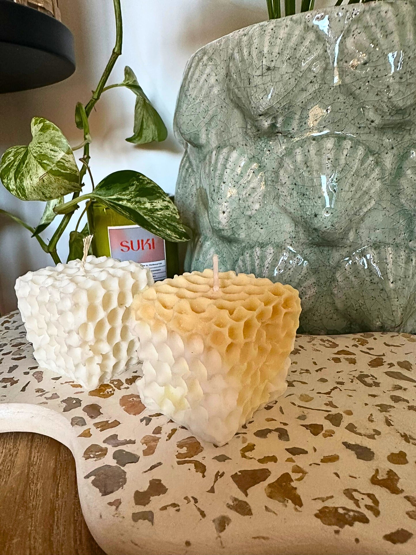 Two honeycomb-patterned candles on a textured surface with a plant and decorative vase in the background.