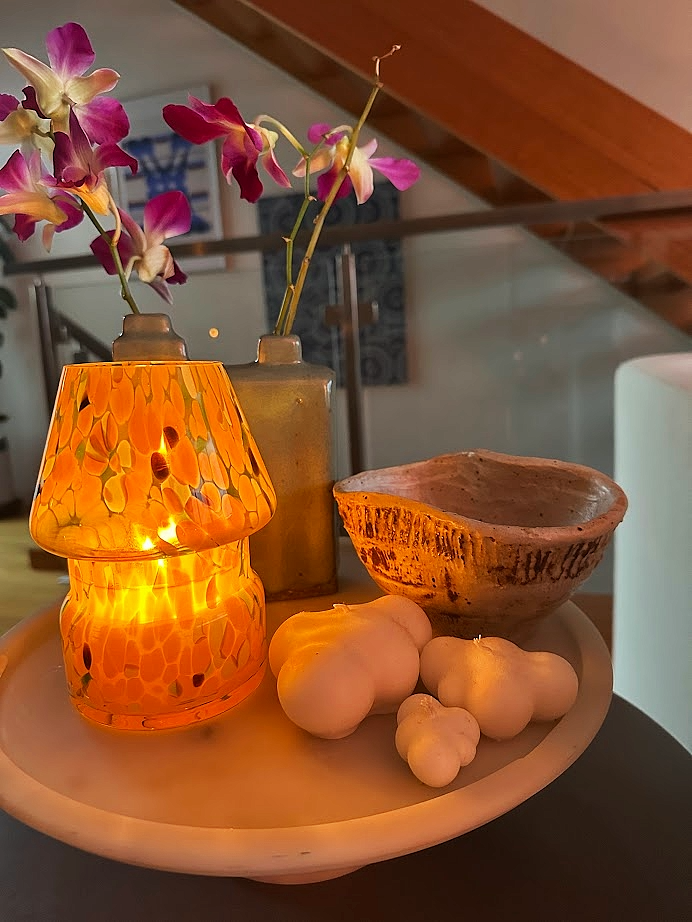 Suki Home Mini Mushroom Candle Lamp in Orange alight