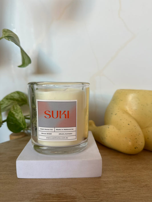 Suki Home Funky Candle Jar in Clear with label