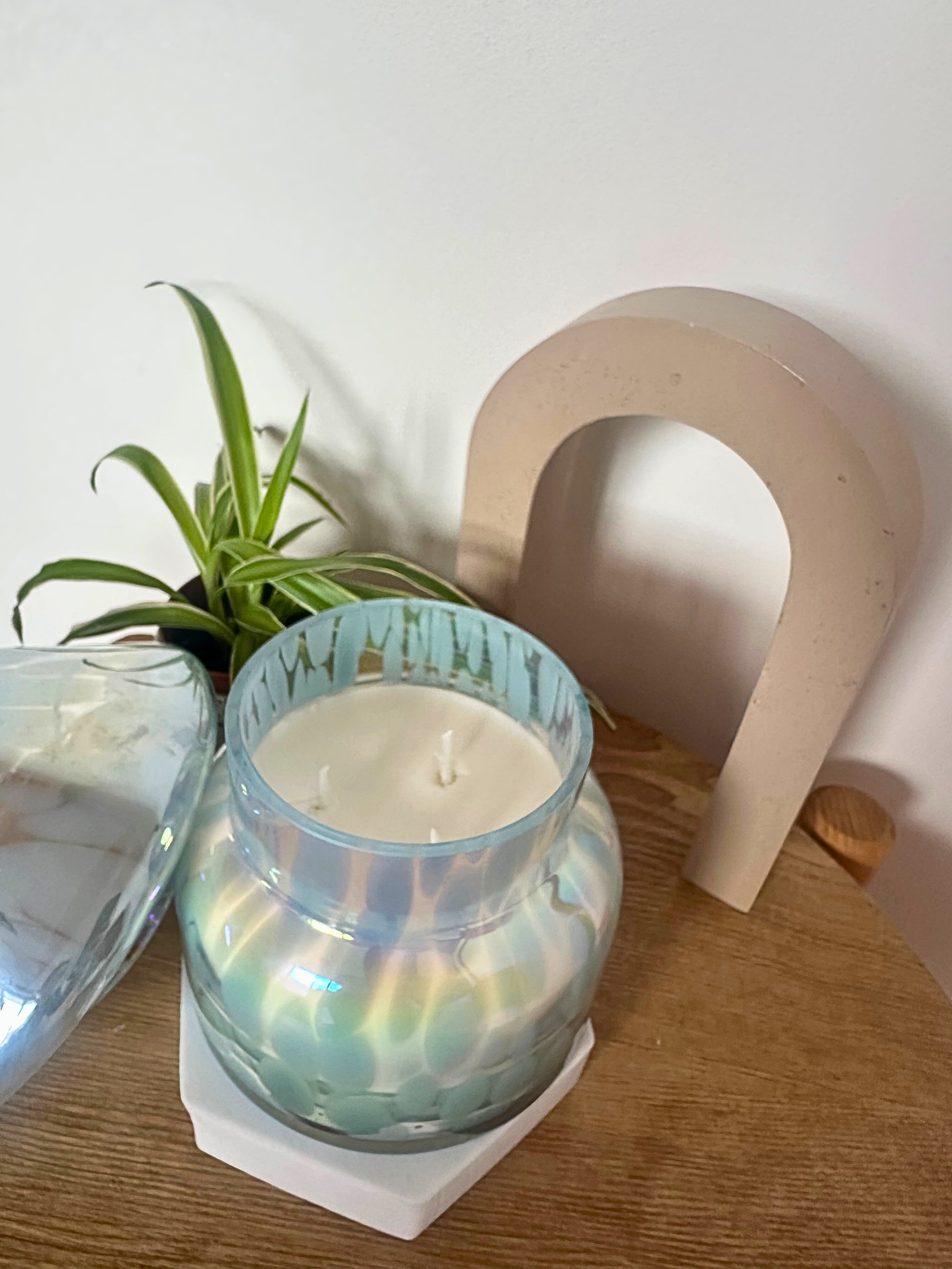 Mushroom candle lamp on display on a wooden surface with a plant and decorative arch in the background.