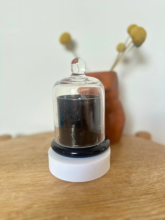 Clear glass container with black object inside on a wooden surface with a vase in the background