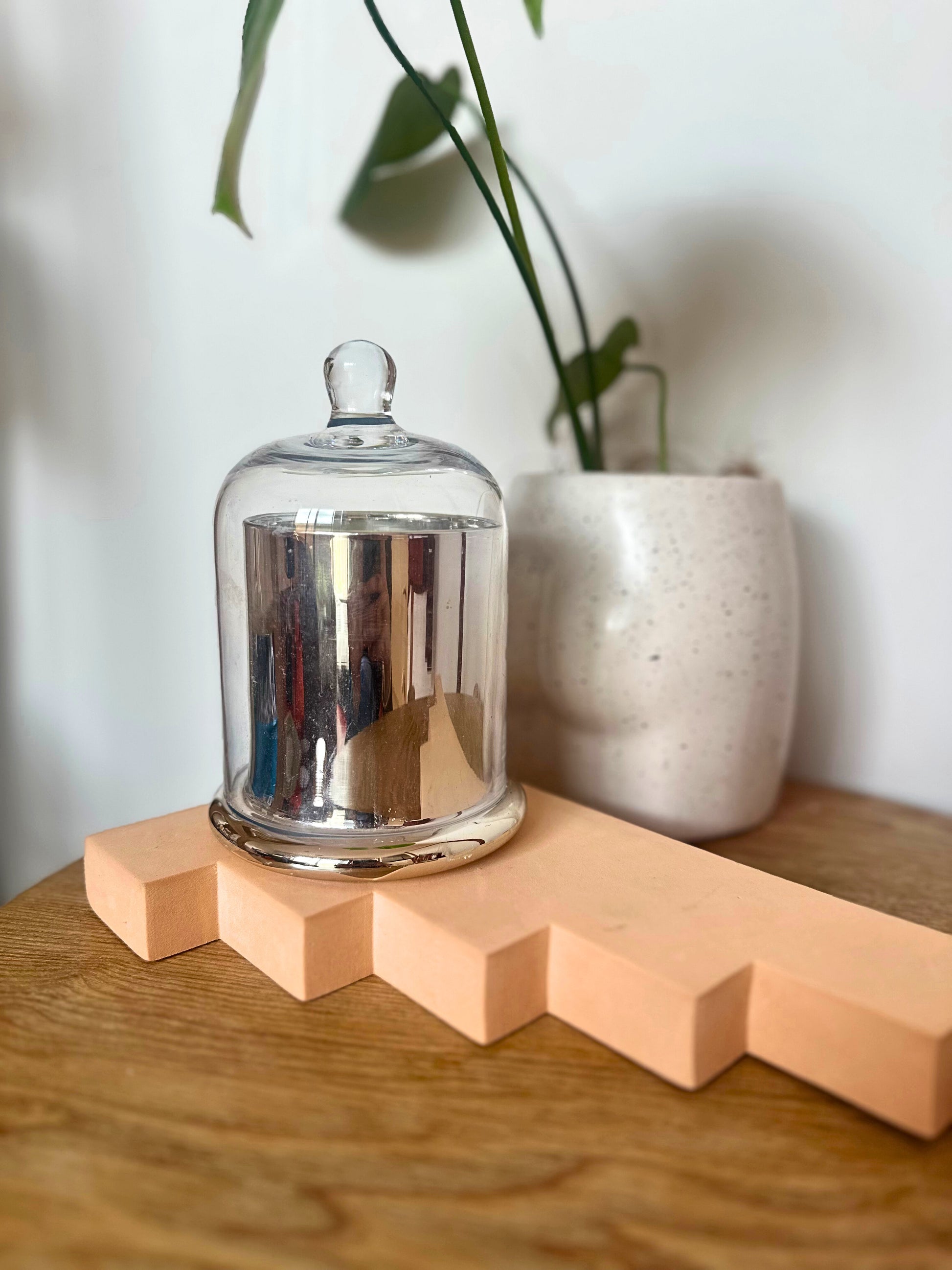 Suki Home The Seina Cloche Candle in Large Silver on peach colored blocks with a white vase and plant in the background.